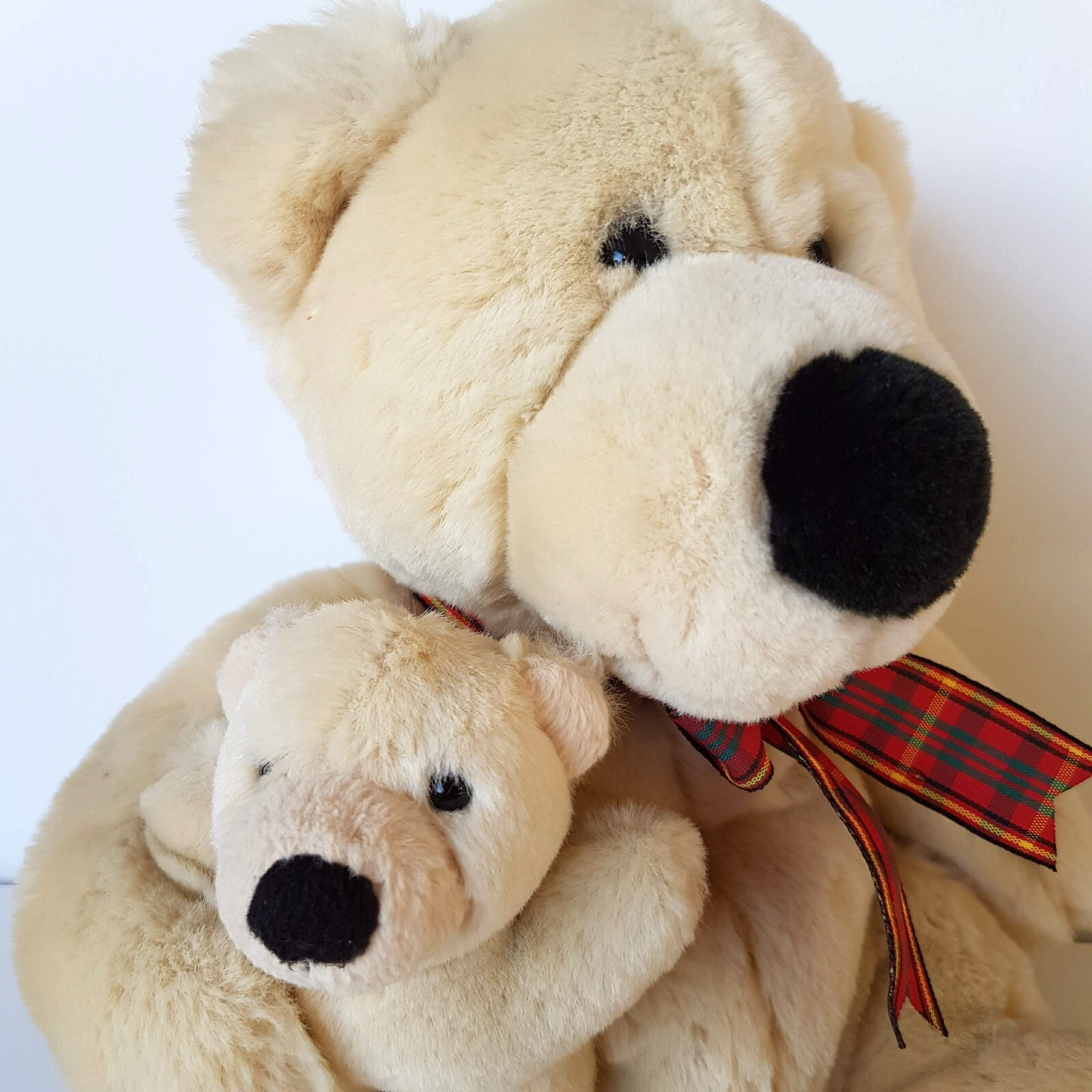 Teddy Bear MUM & BABY BEAR Plush Cream Stuffed Animal Super Soft Toy Tartan Bow1
