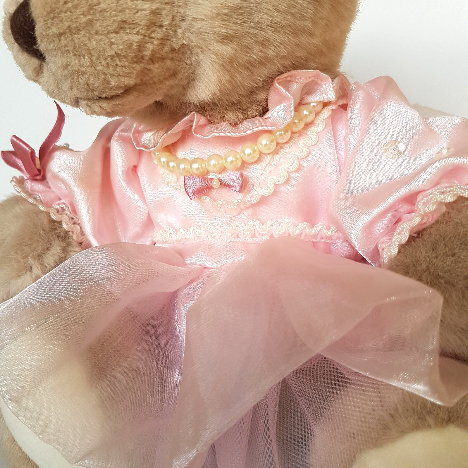 Pretty Dressed TEDDY BEAR Pink Organza Rose Pearl Tulle Stuffed Animal Soft Toy14