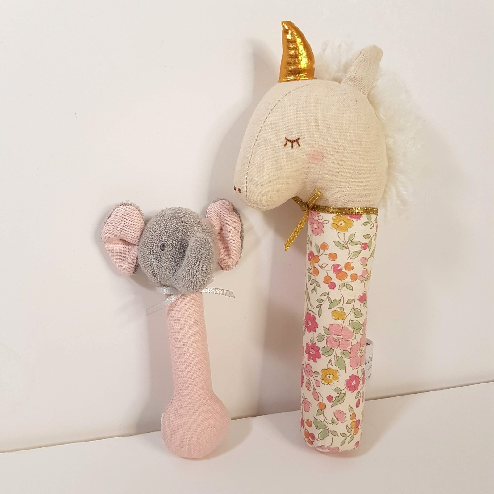 Alimrose UNICORN SQUEAKER ELEPHANT RATTLE Floral Toy Pastel Baby Soft Toy Animal1