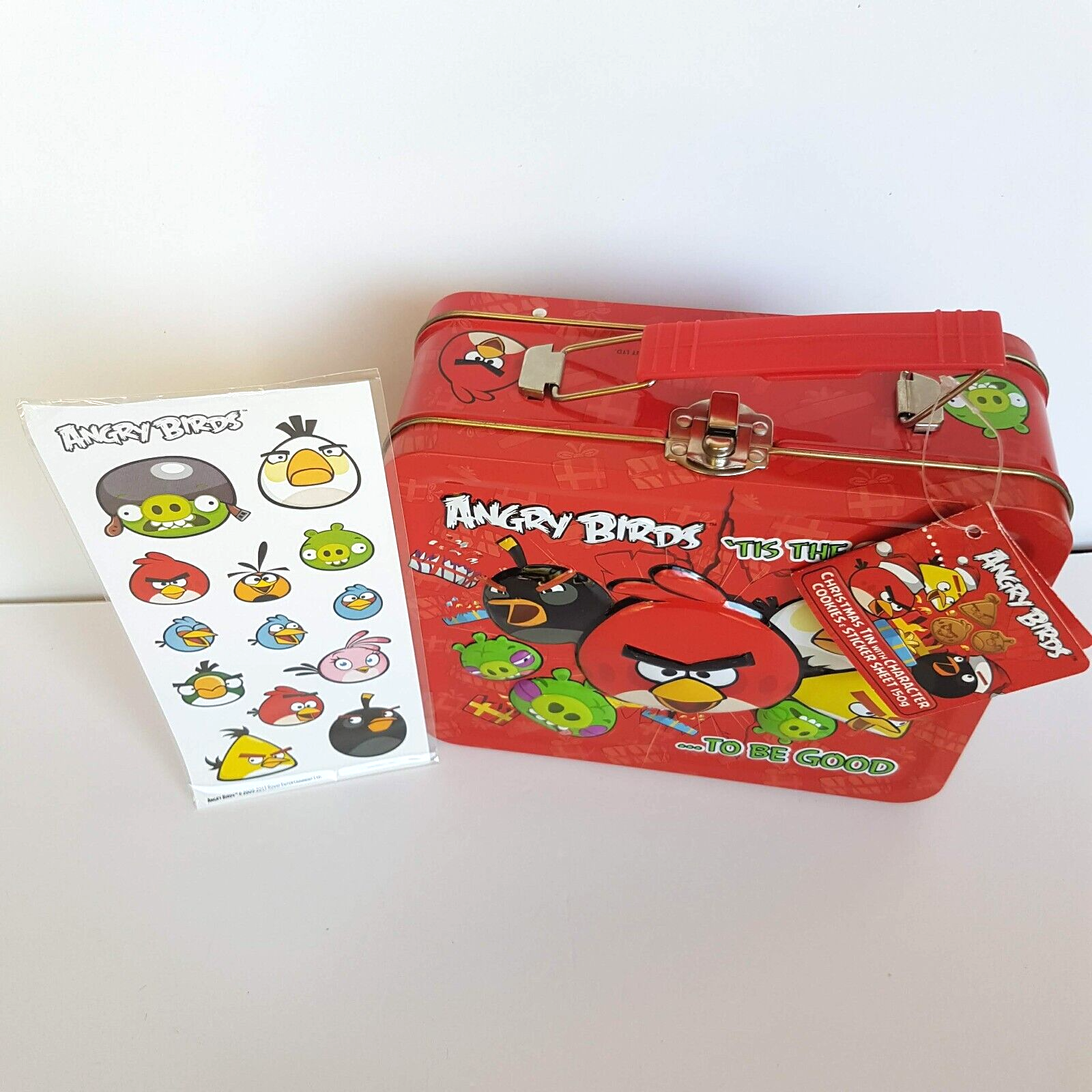 Angry Birds Christmas COOKIE TIN + Stickers TAGS EMPTY Embossed Lunchbox Merch3