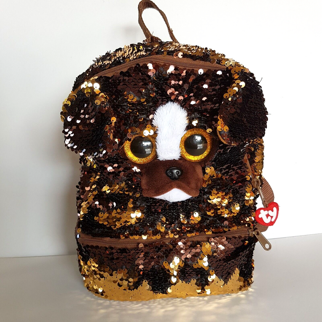 TY Sequin BRUTUS DOG Backpack Sequin Puppy Kids Animal Backpack School Bag Brown0