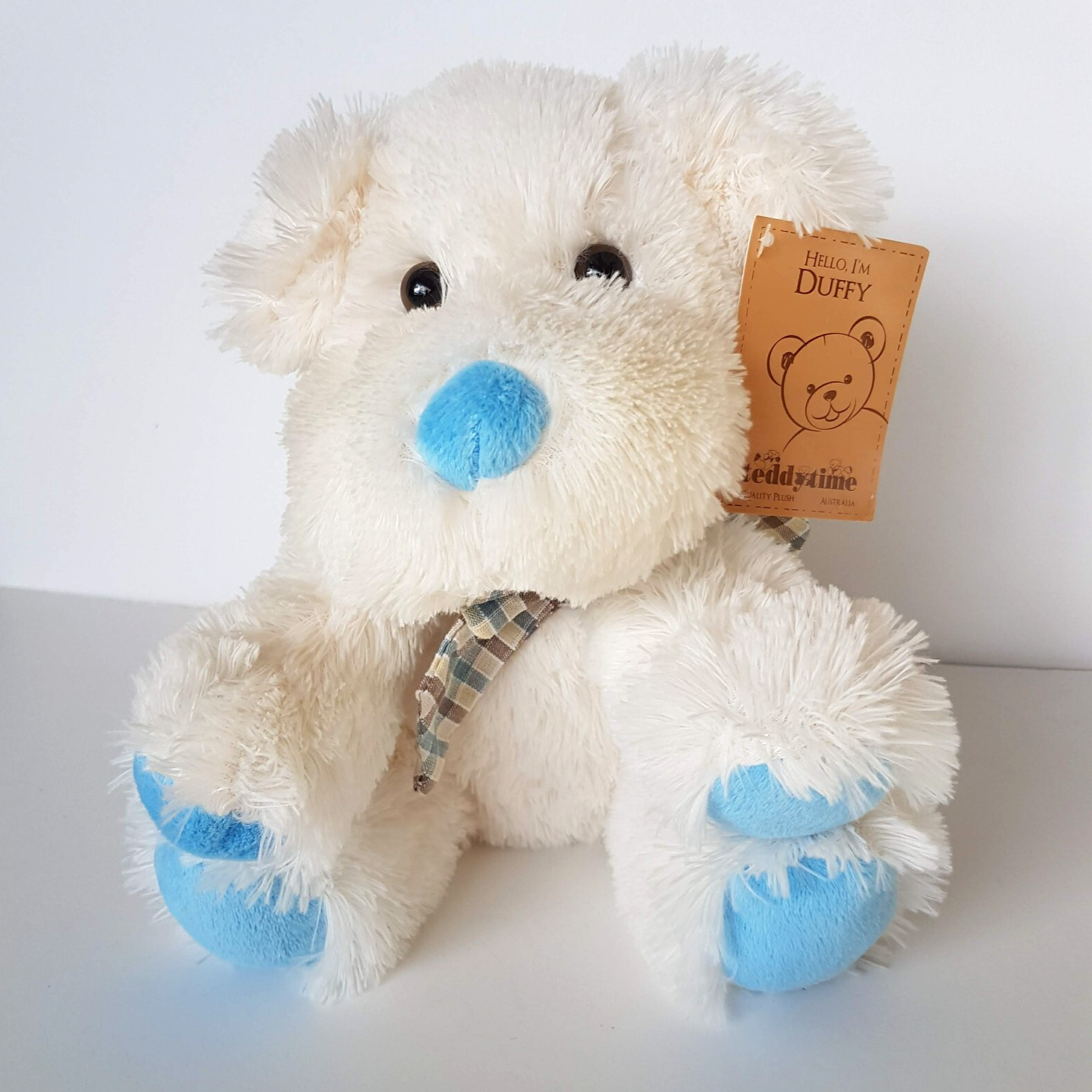 DUFFY WHITE PUPPY DOG Plush 20cm Stuffed Animal TAGS Pet Soft Toy Bow Teddy Time0