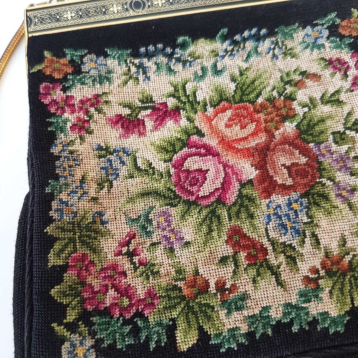 Micro Petit Point Needlepoint Evening Bag Floral Roses Tapestry Vintage Bag1