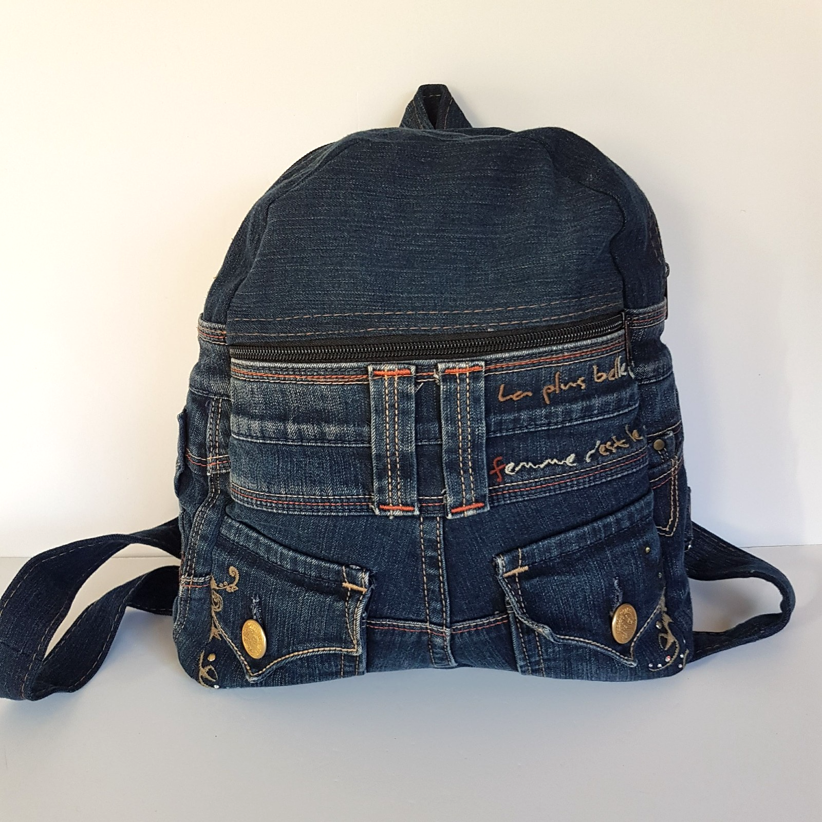 Handmade DENIM JEANS BACKPACK Bag Upcycled Rhinestone Embellished Vienus Jeans1