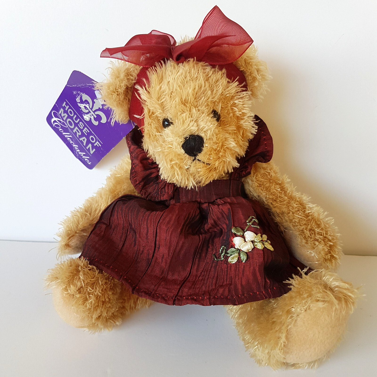 House Of Moran TEDDY BEAR Plush 21cm Maroon Dressed Soft Toy Stuffed Animal Cute0