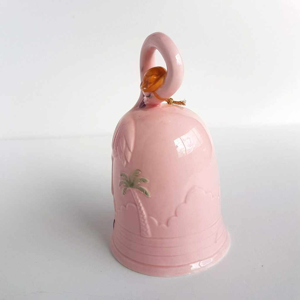 80s Giftcraft PINK FLAMINGO BELL Ceramic Palm Tree Retro Decorative Decor Kitsch2