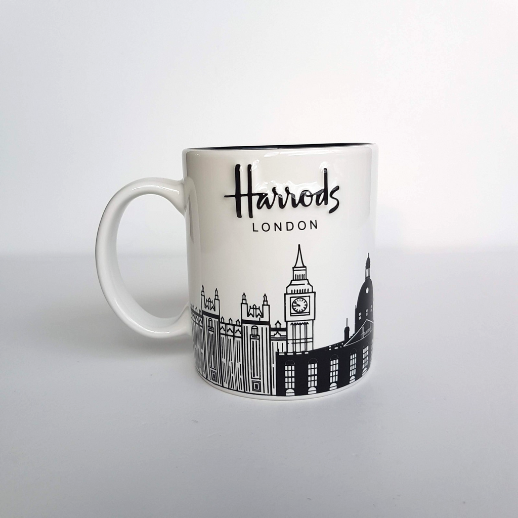 Harrods London SKYLINE Coffee Mug Black White Big Ben Eye Bridge Collectible Cup1