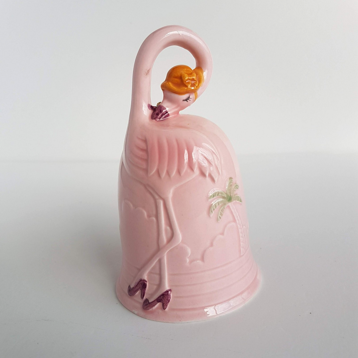 80s Giftcraft PINK FLAMINGO BELL Ceramic Palm Tree Retro Decorative Decor Kitsch0