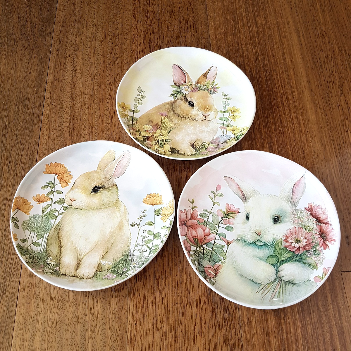 Morgan & Finch BUNNY RABBIT PLATE SET x 3 Dolomite Flowers 22cm Spring Pastel4