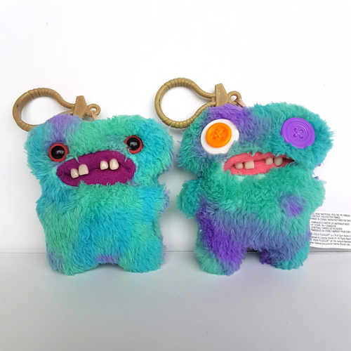 2 FUGGLER KEYRINGS Clips On Funny Ugly Monster Plush Tongue Teeth Toy Accessory0