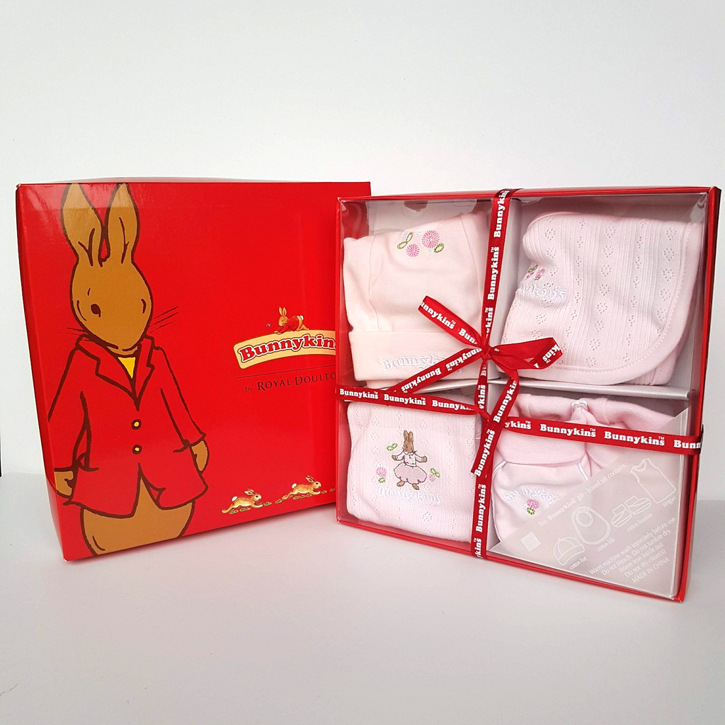New BUNNYKINS Royal Doulton BABY SET Size 00 0 Pink Hat Bib Singlet Booties BOX0