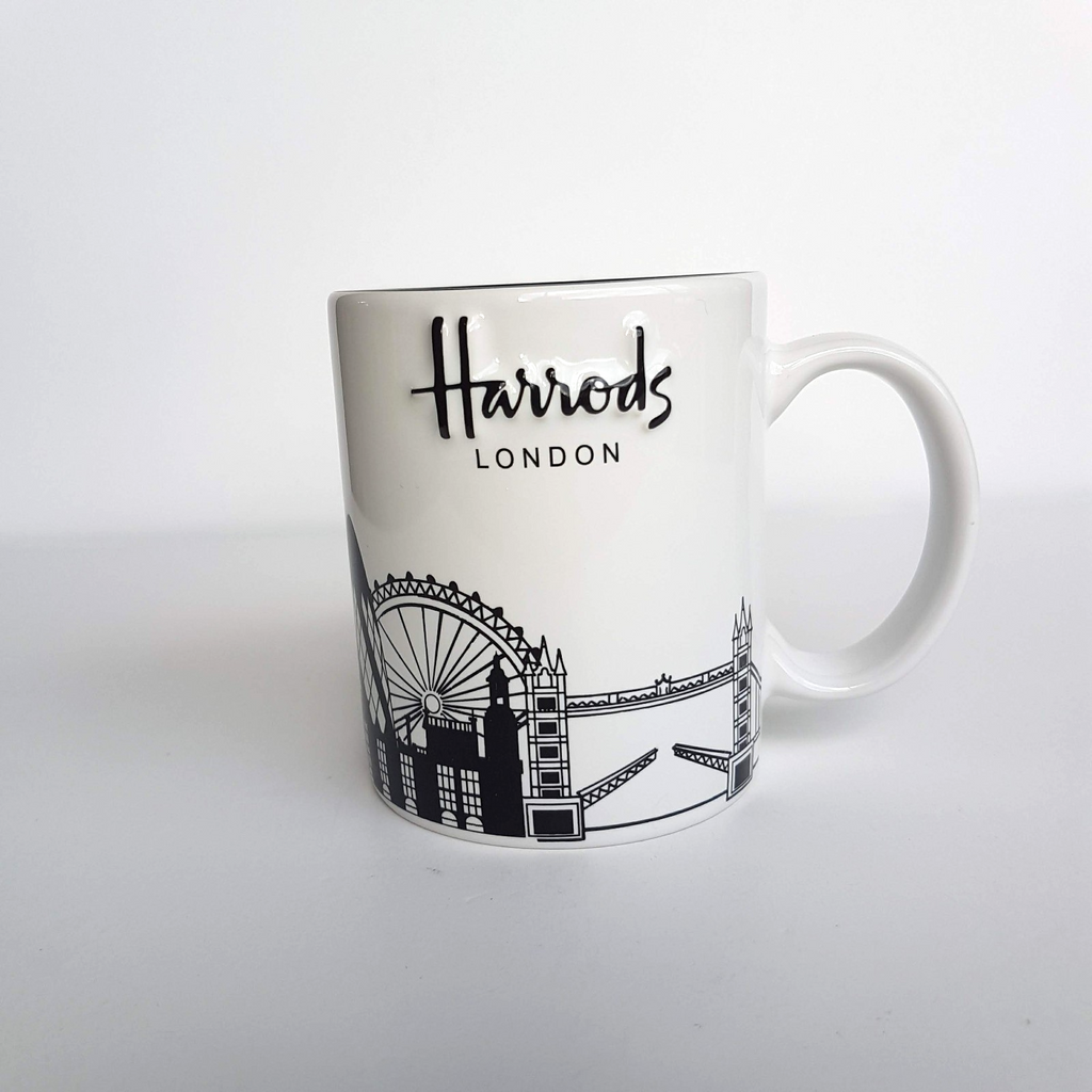 Harrods London SKYLINE Coffee Mug Black White Big Ben Eye Bridge Collectible Cup3