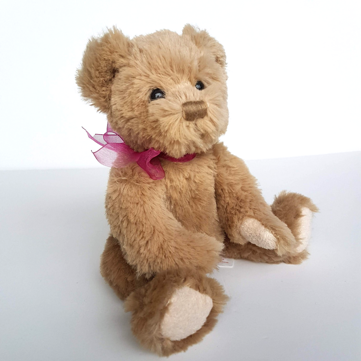 Russ BEIGE TEDDY BEAR Plush Floppy 22cm Beanbag Stuffed Animal Soft Toy Pink Bow1