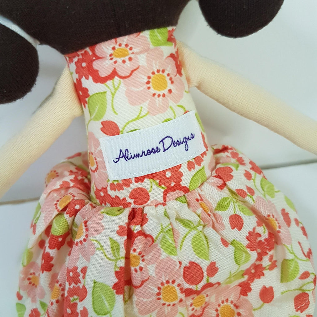 Alimrose RAG DOLL Fabric Doll 25cm Cloth Floral Dress Brunette Baby Soft Toy7