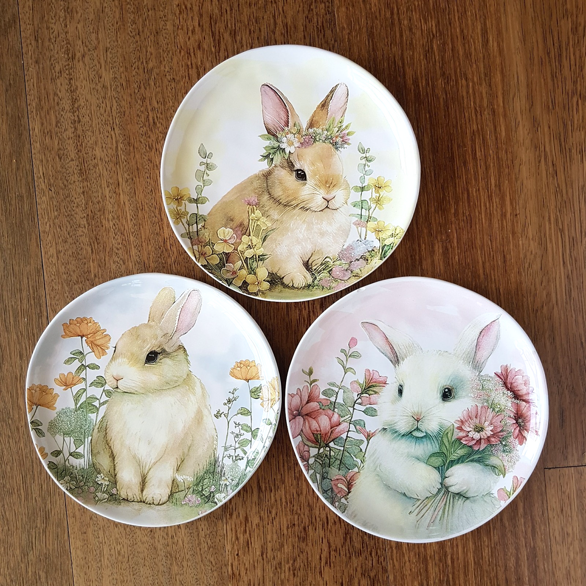 Morgan & Finch BUNNY RABBIT PLATE SET x 3 Dolomite Flowers 22cm Spring Pastel0