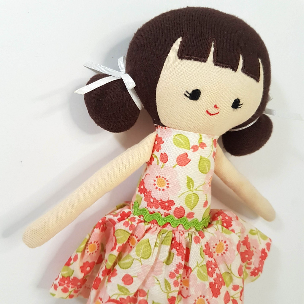 Alimrose RAG DOLL Fabric Doll 25cm Cloth Floral Dress Brunette Baby Soft Toy1