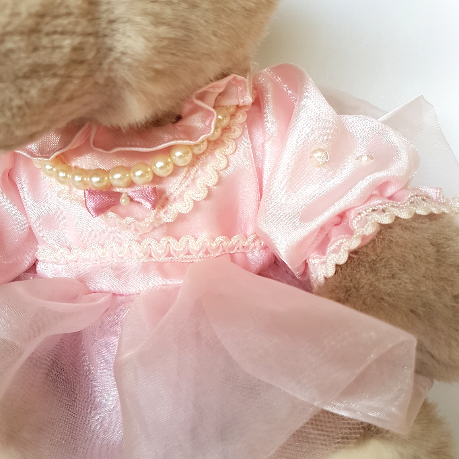 Pretty Dressed TEDDY BEAR Pink Organza Rose Pearl Tulle Stuffed Animal Soft Toy5