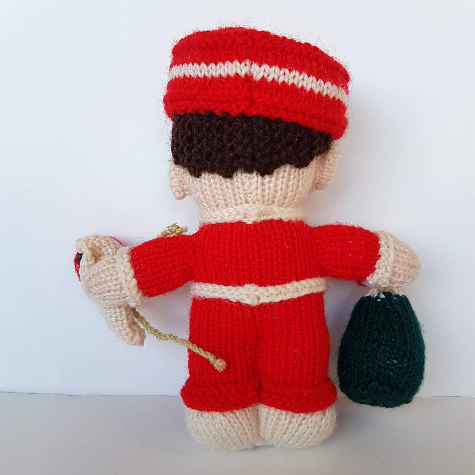 Vintage HANDMADE KNITTED BELLHOP 20cm Celebrate Champagne Flowers Soft Toy Red5