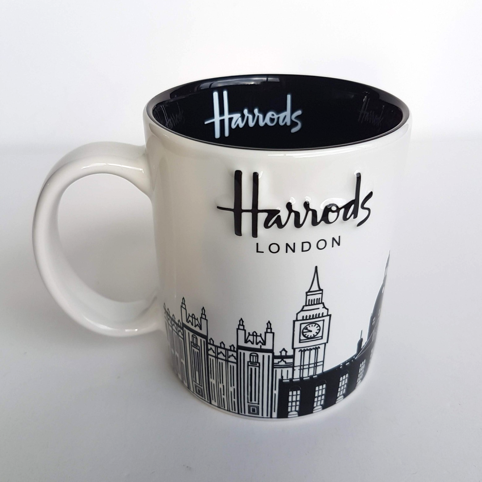 Harrods London SKYLINE Coffee Mug Black White Big Ben Eye Bridge Collectible Cup0
