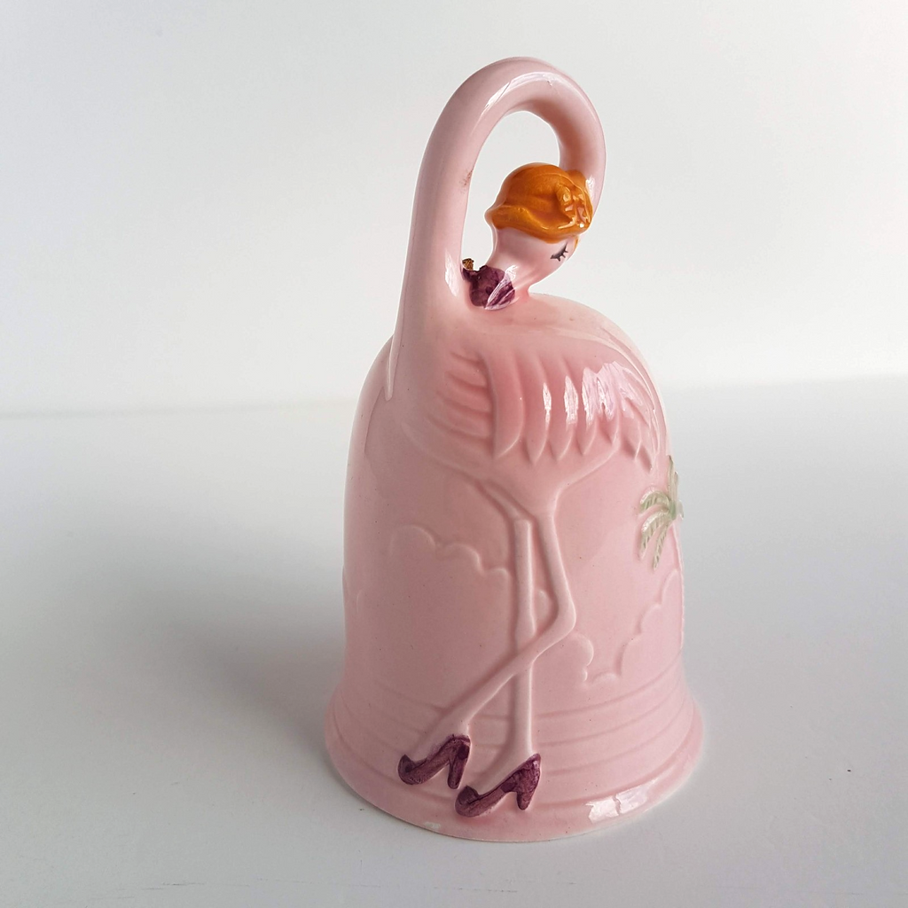 80s Giftcraft PINK FLAMINGO BELL Ceramic Palm Tree Retro Decorative Decor Kitsch1