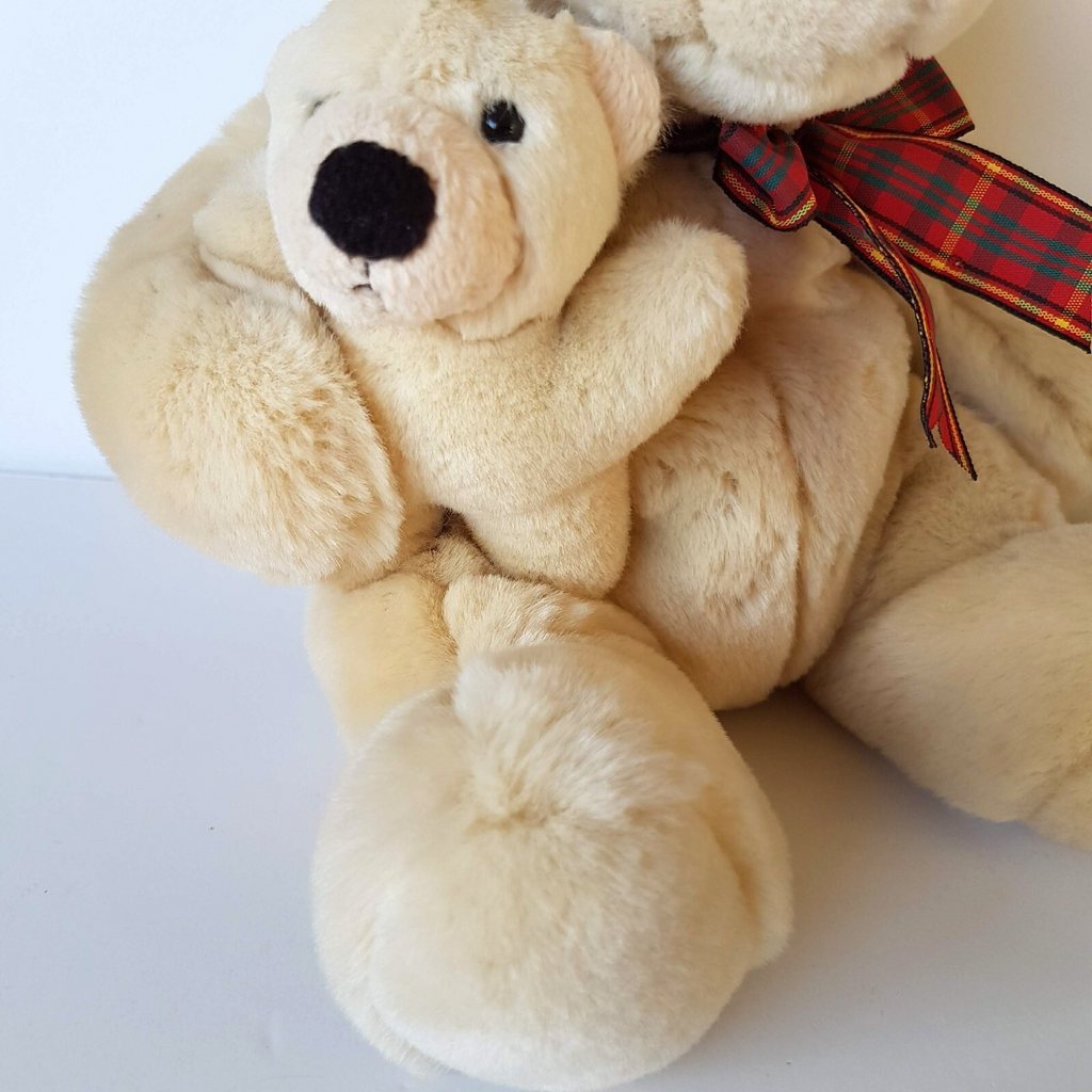 Teddy Bear MUM & BABY BEAR Plush Cream Stuffed Animal Super Soft Toy Tartan Bow2