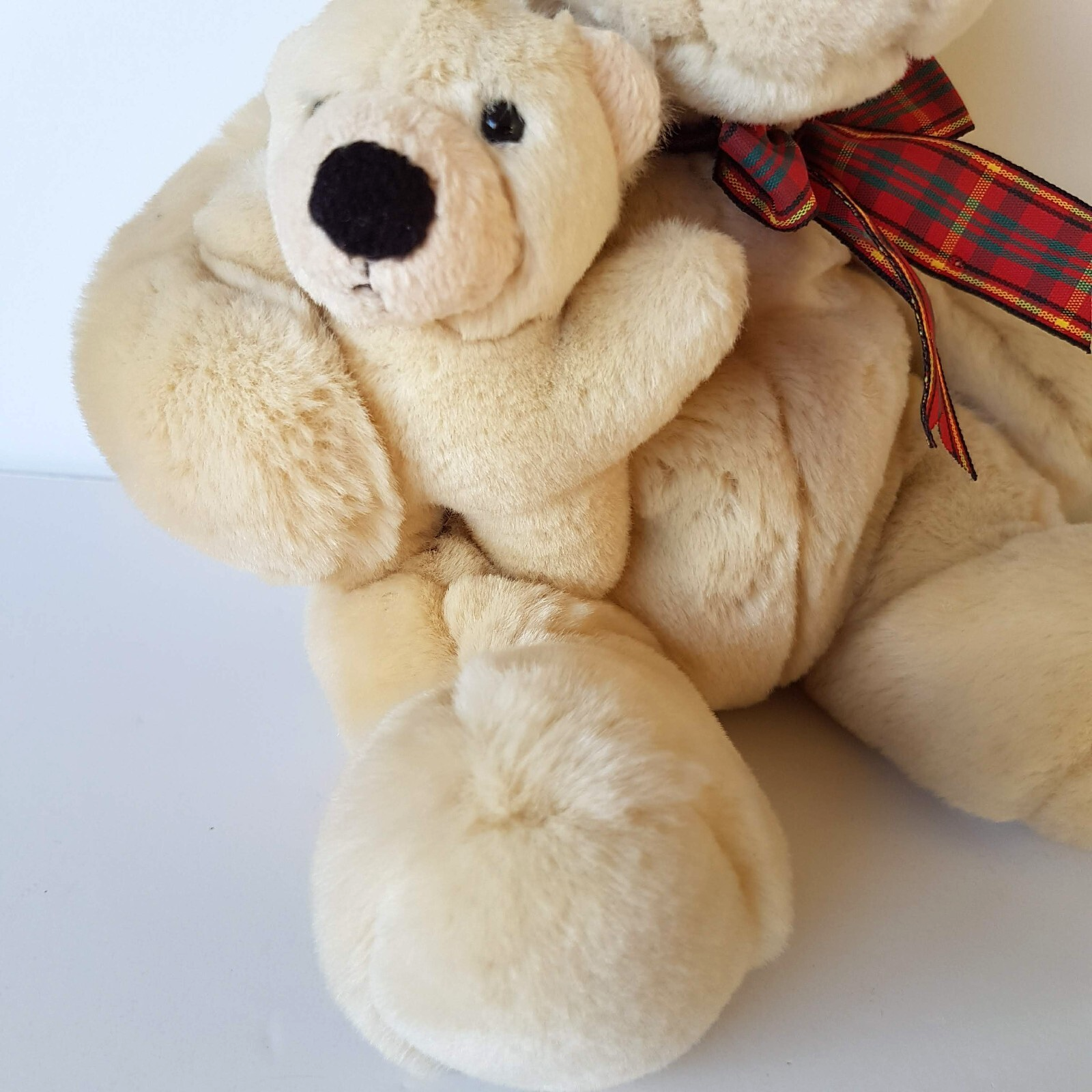 Teddy Bear MUM & BABY BEAR Plush Cream Stuffed Animal Super Soft Toy Tartan Bow2