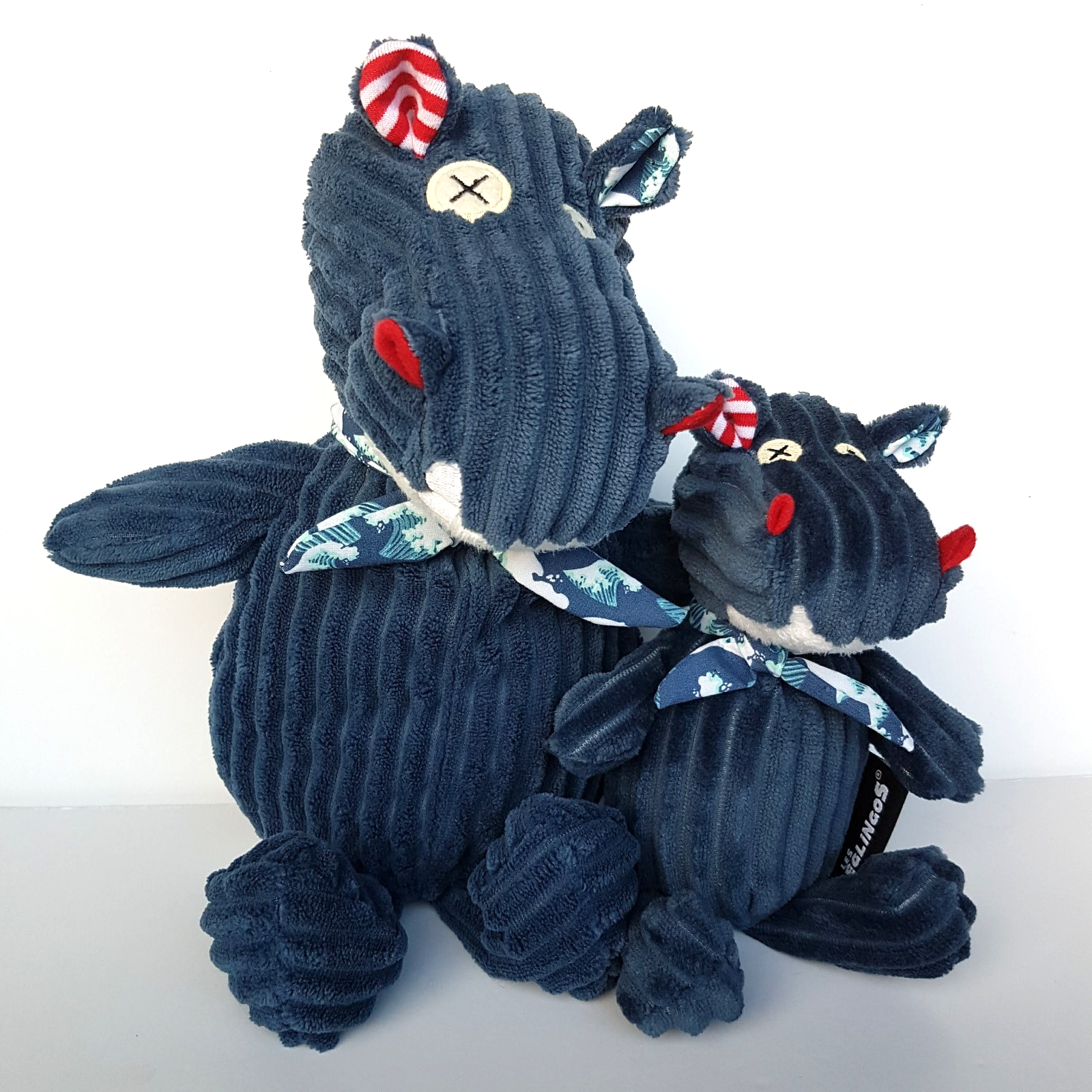 Les Deglingos Mum Baby HIPPO Plush Soft Toy Stuffed Animal Cuddle Blue Corduroy1