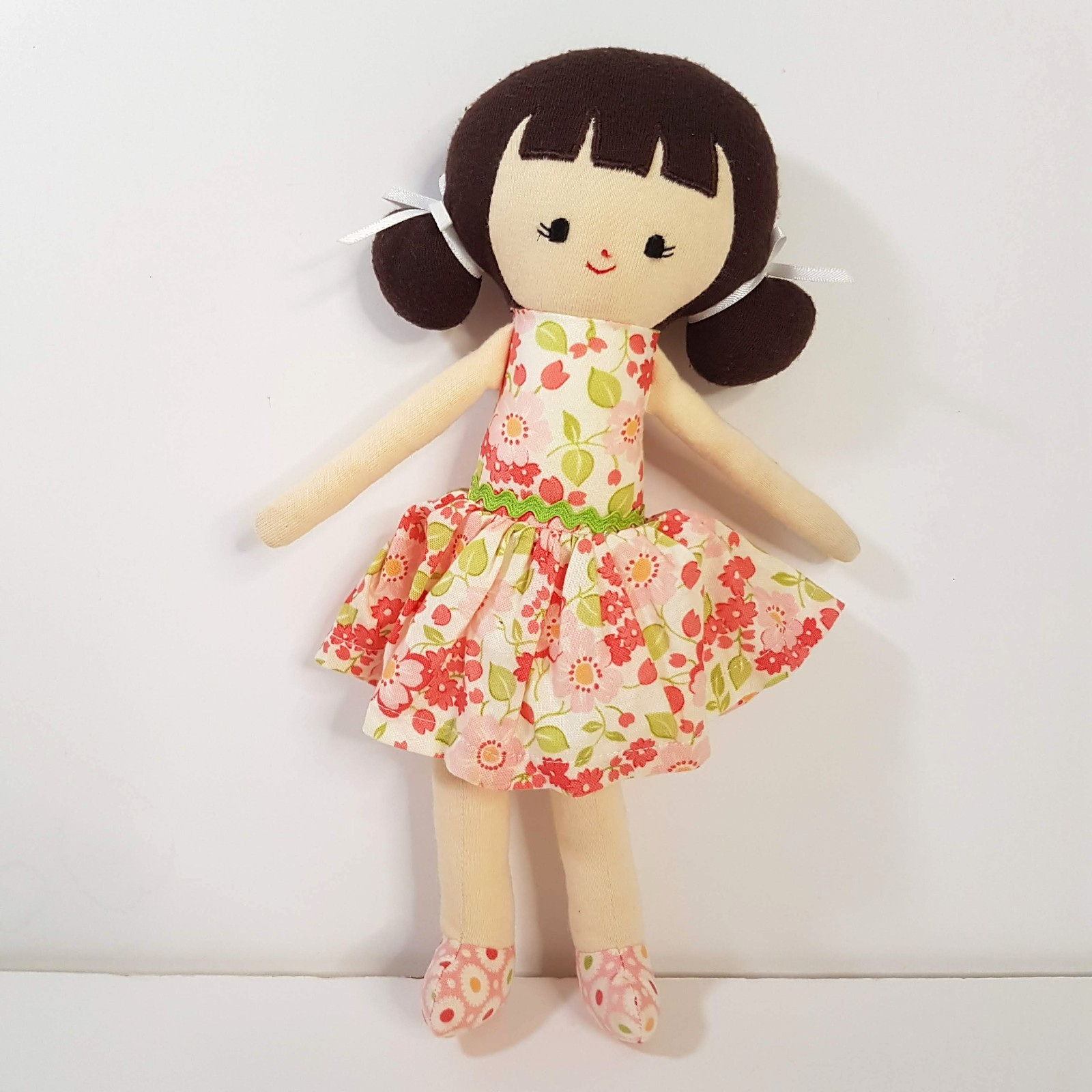 Alimrose RAG DOLL Fabric Doll 25cm Cloth Floral Dress Brunette Baby Soft Toy0