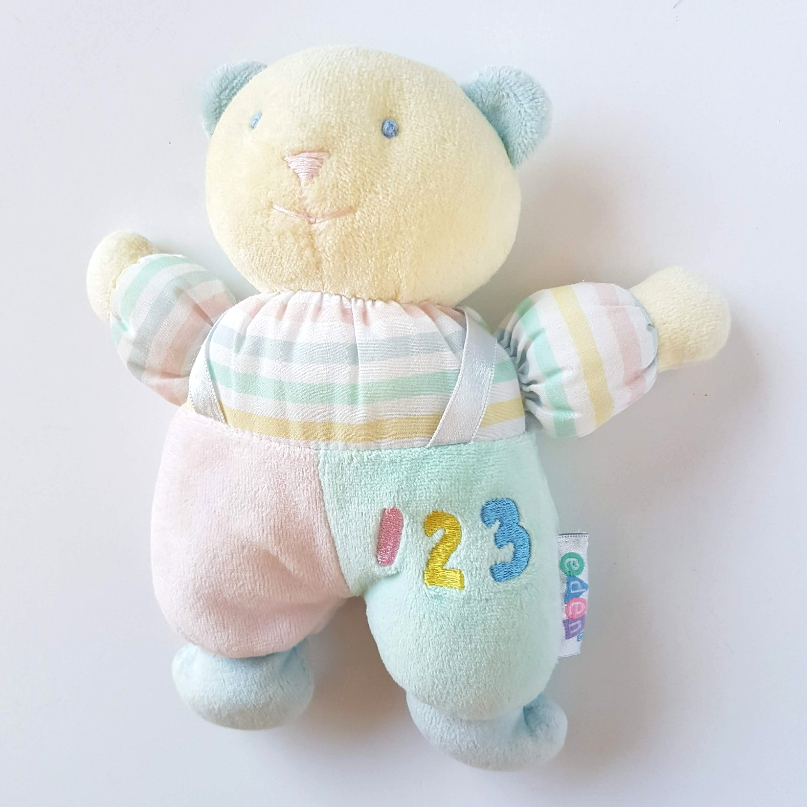 Vintage EDEN TEDDY BEAR 123 Plush Pastel Terry Cloth Baby Rattle Soft Toy Cute3