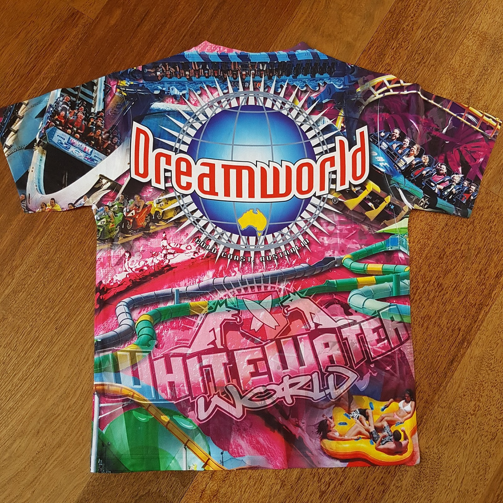 Dreamworld GRAPHIC LOGO T Shirt White Waterworld MEDIUM Theme Park Merch Dye Sub8