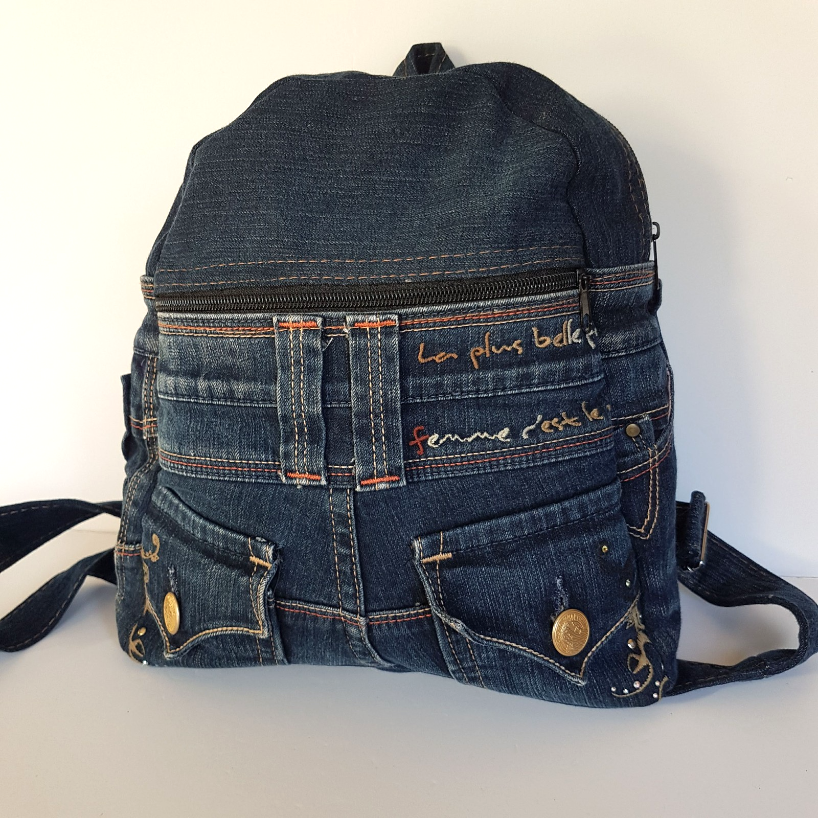 Handmade DENIM JEANS BACKPACK Bag Upcycled Rhinestone Embellished Vienus Jeans3