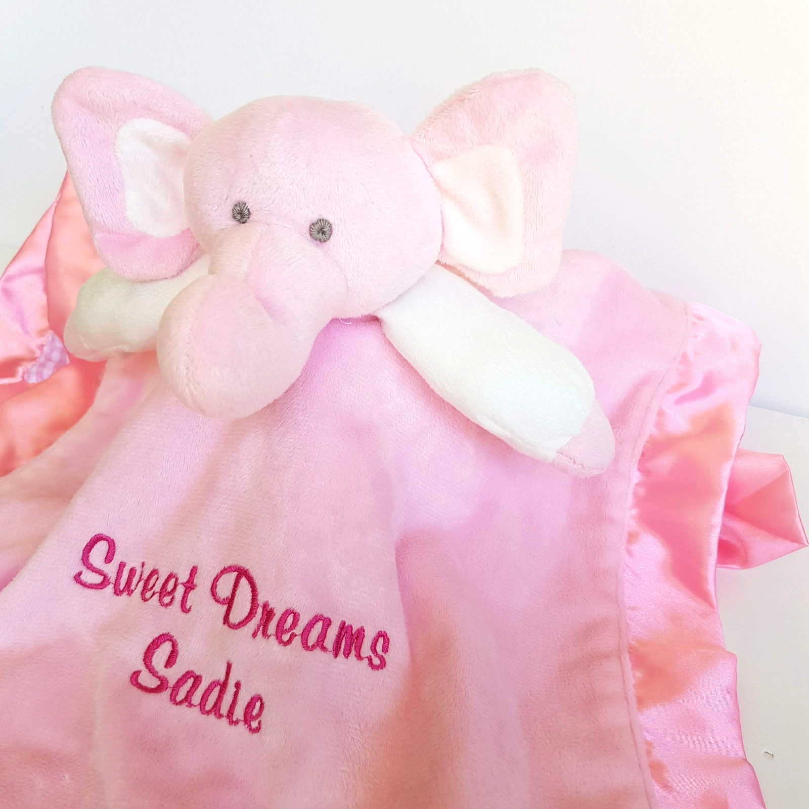 SADIE PINK ELEPHANT Baby Lovey Comforter Security Plush Blanket Satin Edge Gift6