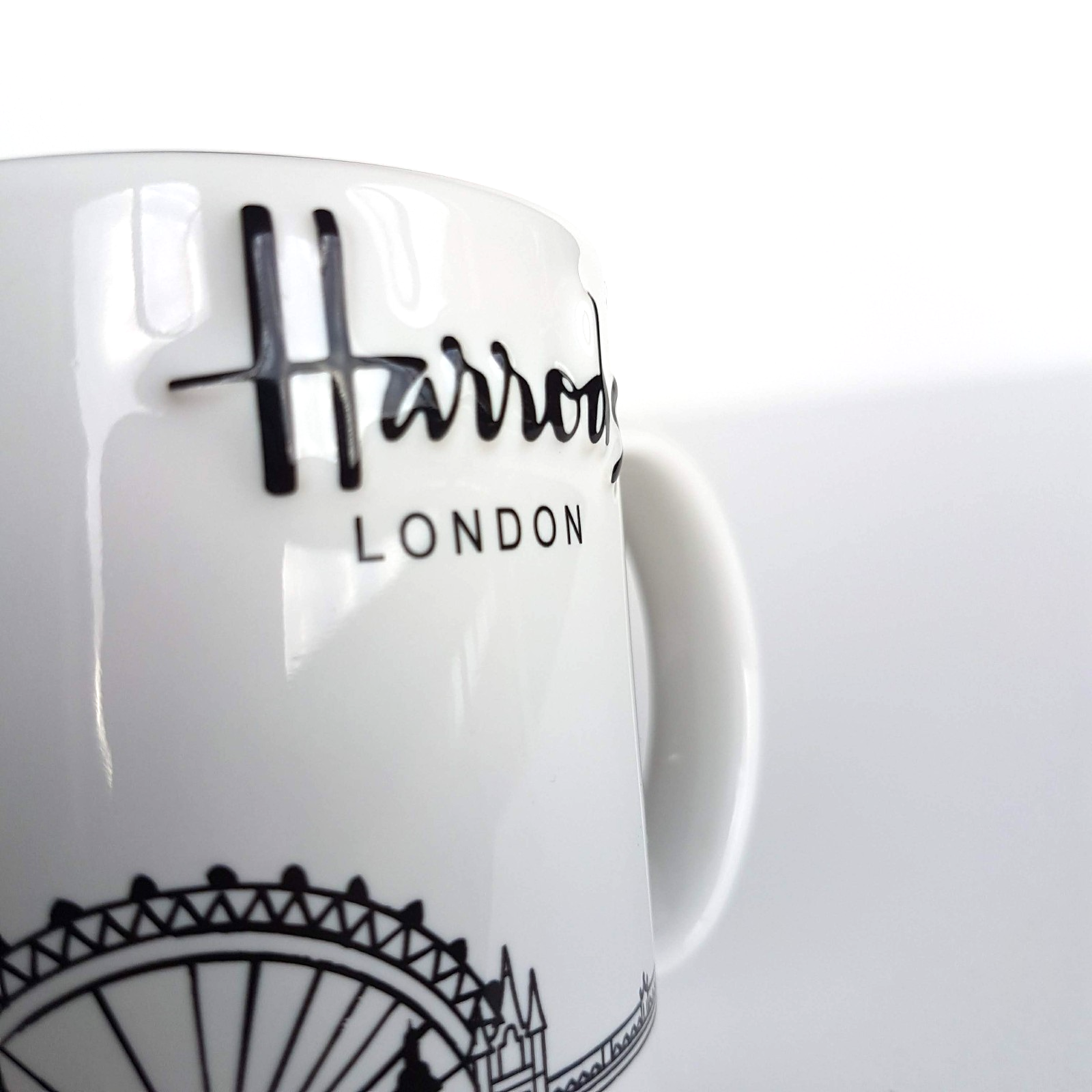 Harrods London SKYLINE Coffee Mug Black White Big Ben Eye Bridge Collectible Cup8