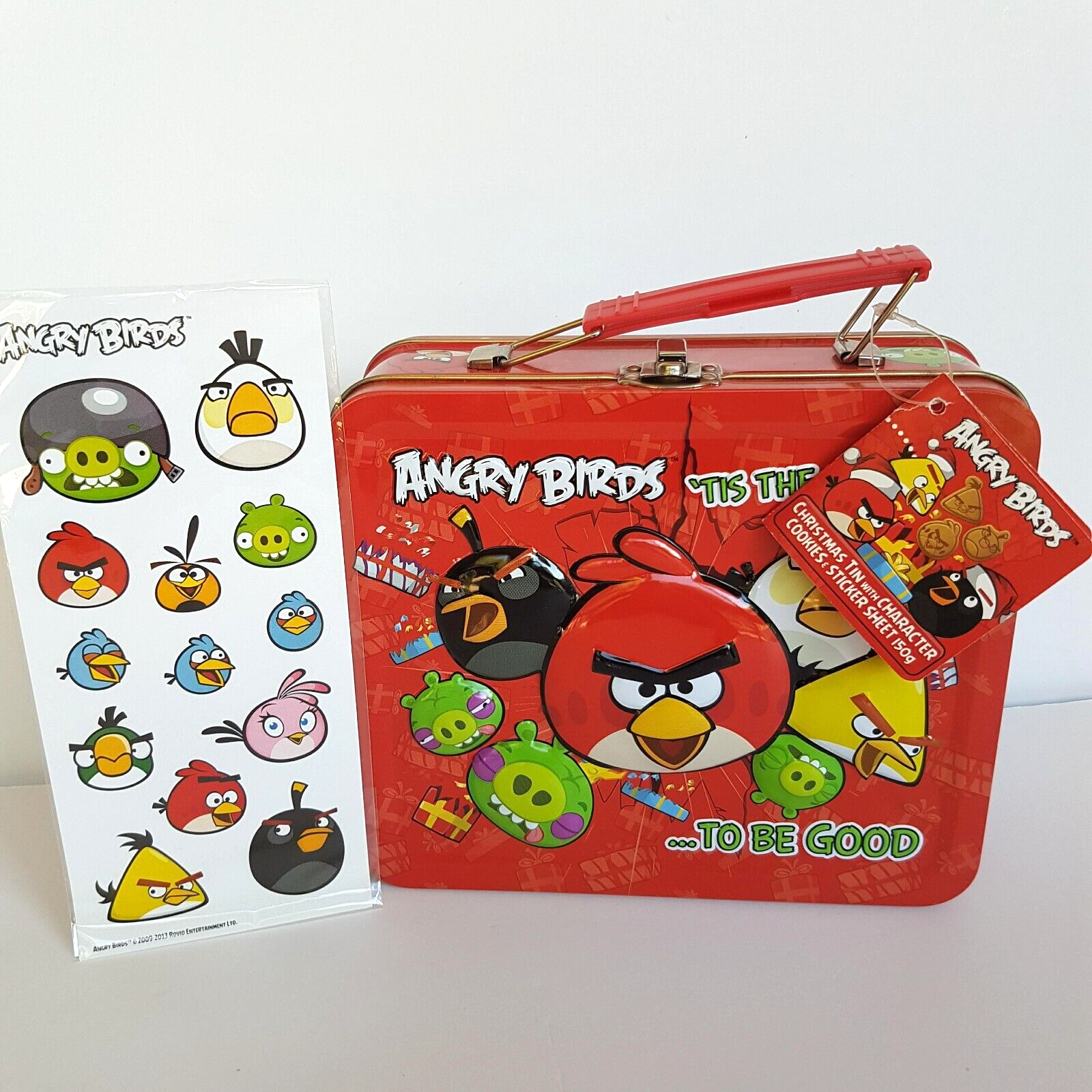Angry Birds Christmas COOKIE TIN + Stickers TAGS EMPTY Embossed Lunchbox Merch0