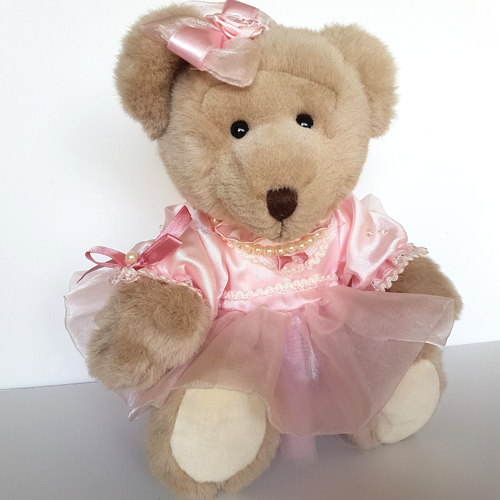 Pretty Dressed TEDDY BEAR Pink Organza Rose Pearl Tulle Stuffed Animal Soft Toy4