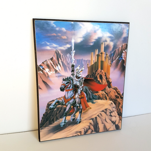 80s Sue Dawe KNIGHT & HORSE Mounted Print Fantasy 25cm tall Vintage Wall Hanging1