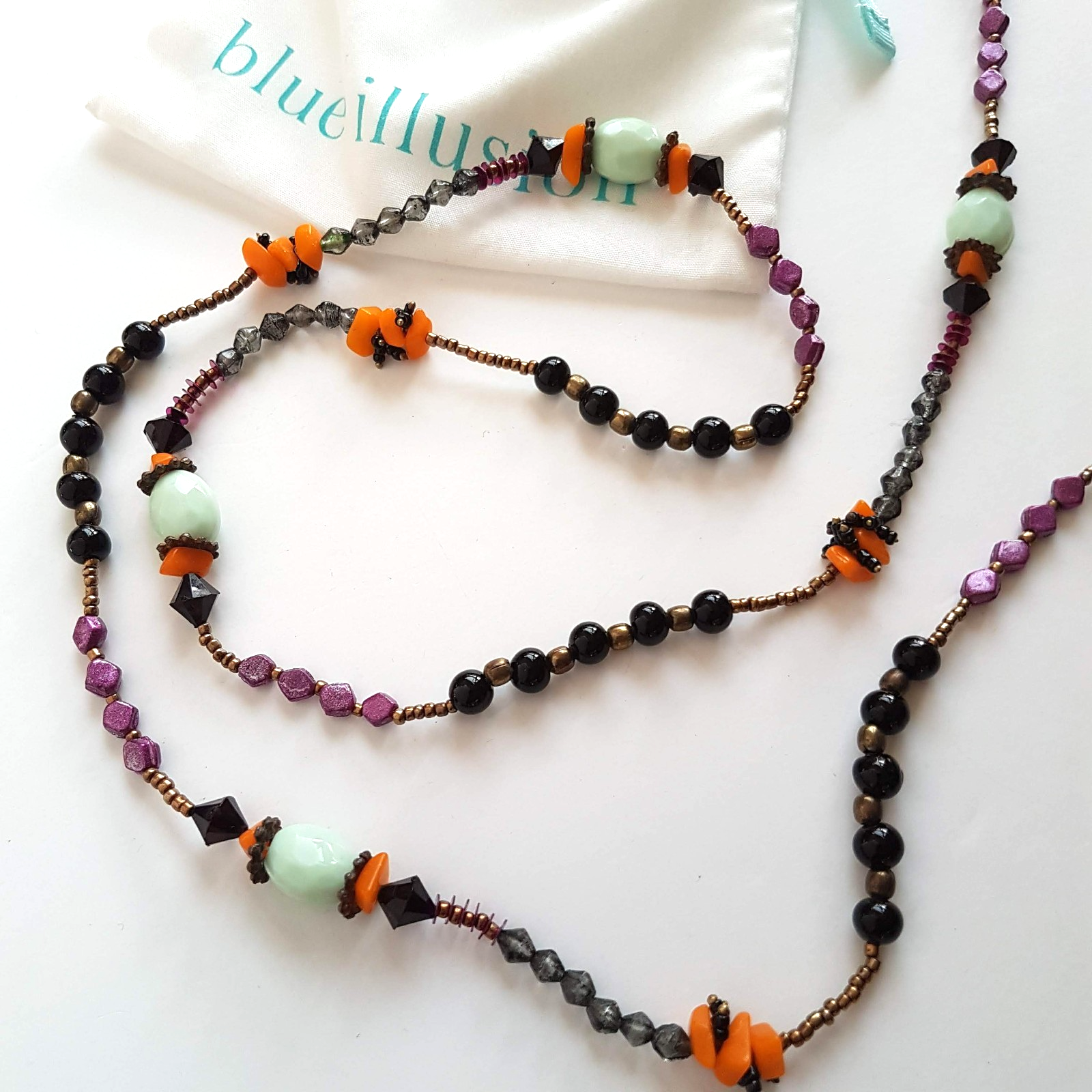 Blue Illusion BOHEMIAN BEADED NECKLACE Black Purple Orange Turquoise Bronze3