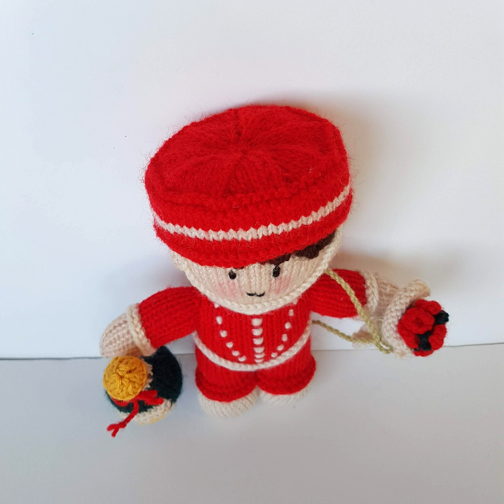 Vintage HANDMADE KNITTED BELLHOP 20cm Celebrate Champagne Flowers Soft Toy Red4