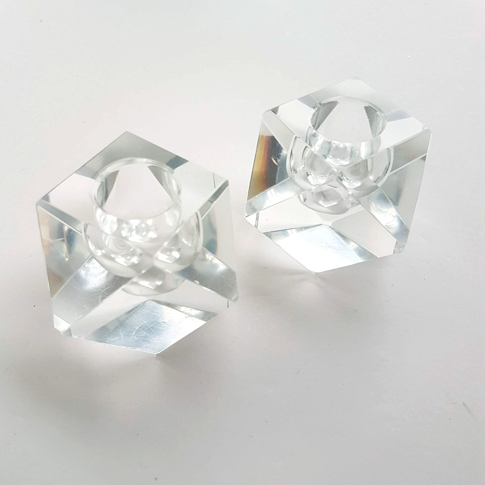 Vintage Art Glass CANDLE STICK HOLDER Clear Candlestick 5cm Geometric Facetted0