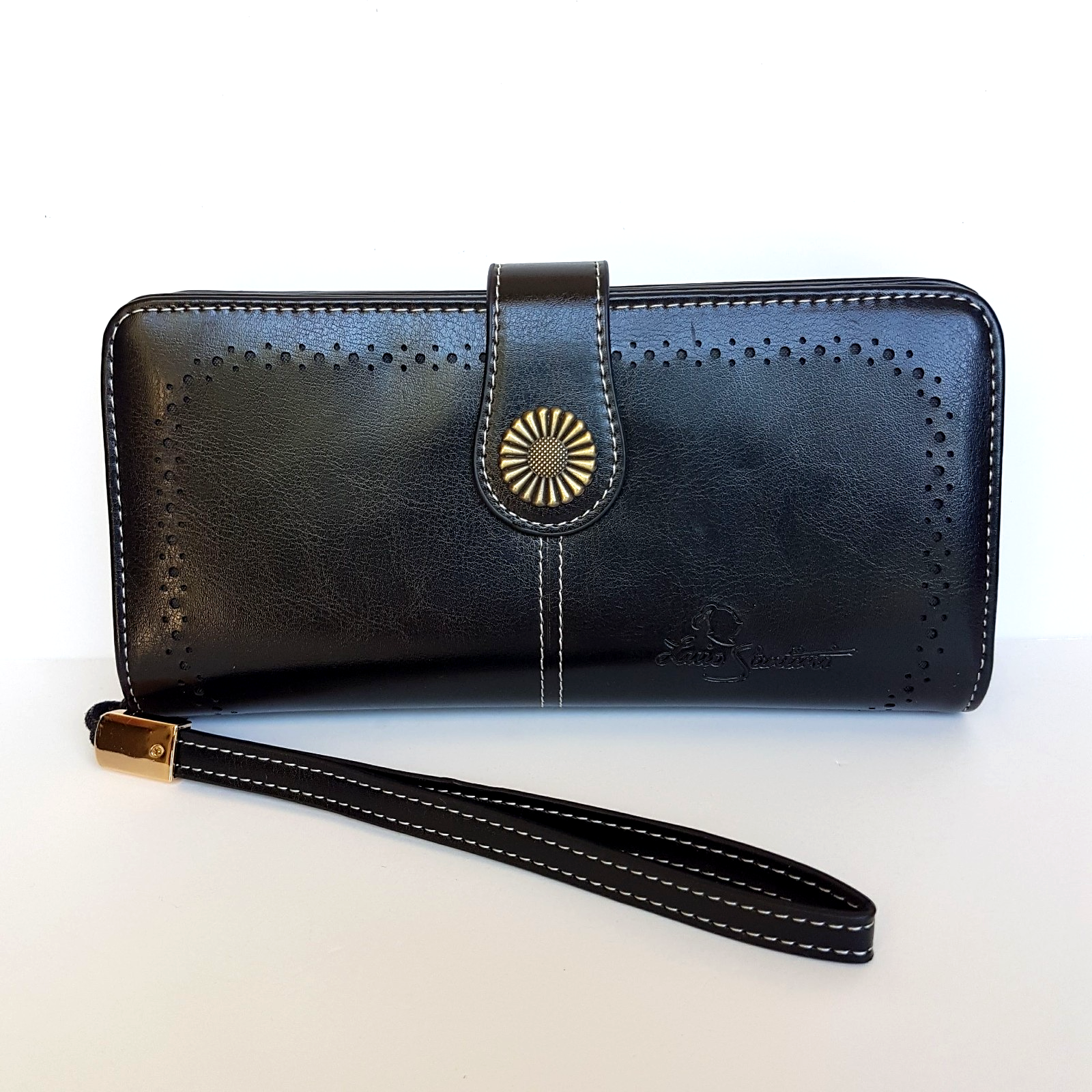 Luis Santini BLACK EMBOSS WALLET Like New Flower Women's Purse Multi Compartment0