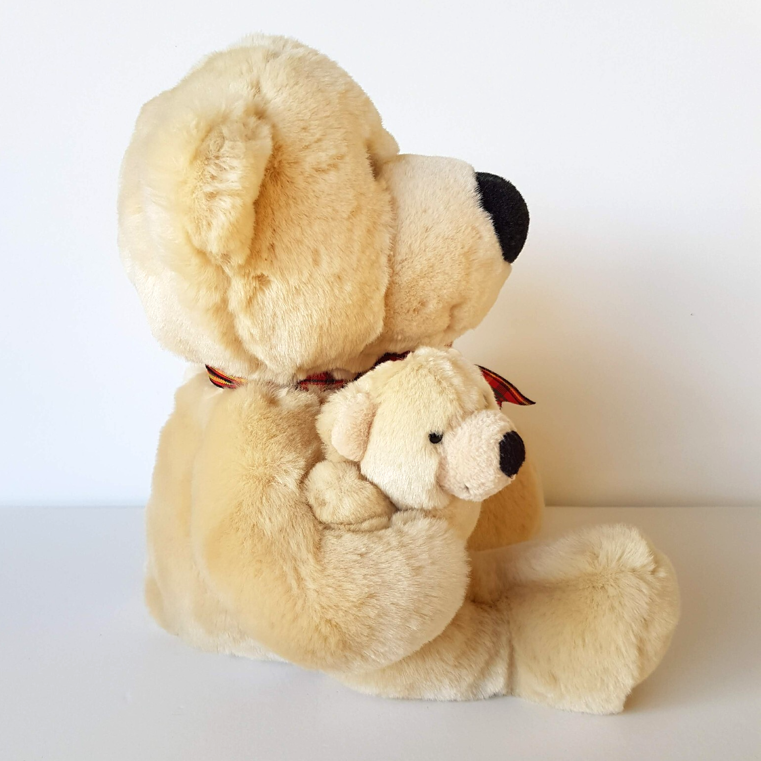 Teddy Bear MUM & BABY BEAR Plush Cream Stuffed Animal Super Soft Toy Tartan Bow8