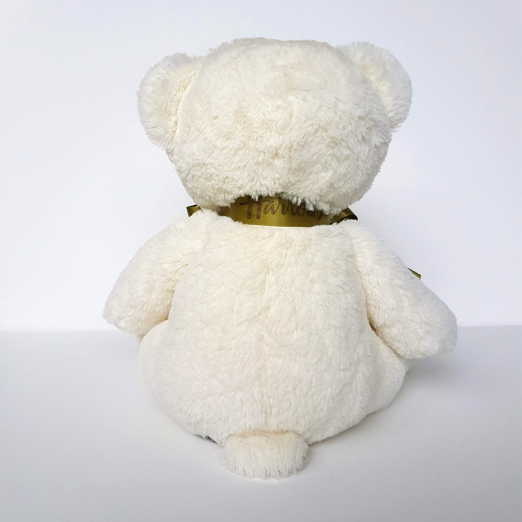 Harrods MY HARRODS TEDDY BEAR 25cm Stuffed Animal White Green Bow Soft Toy Cute6