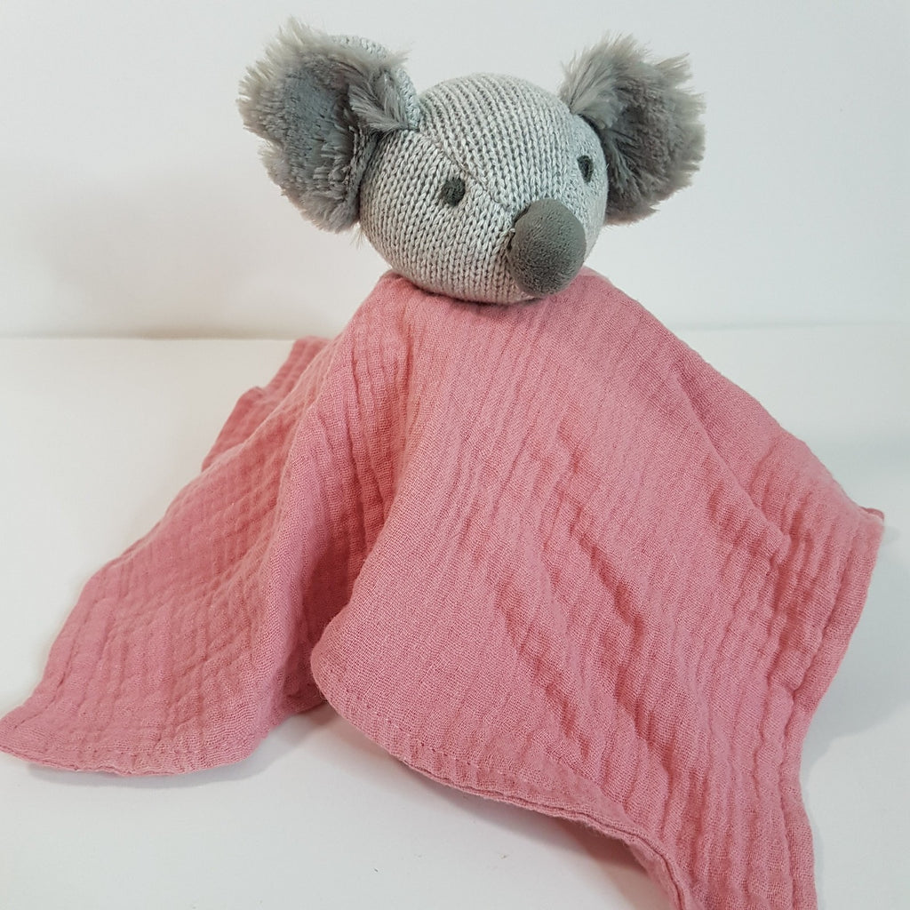 Muslin Knit PINK GREY KOALA Baby Lovey Security Blanket Comforter Soft Toy Sleep1