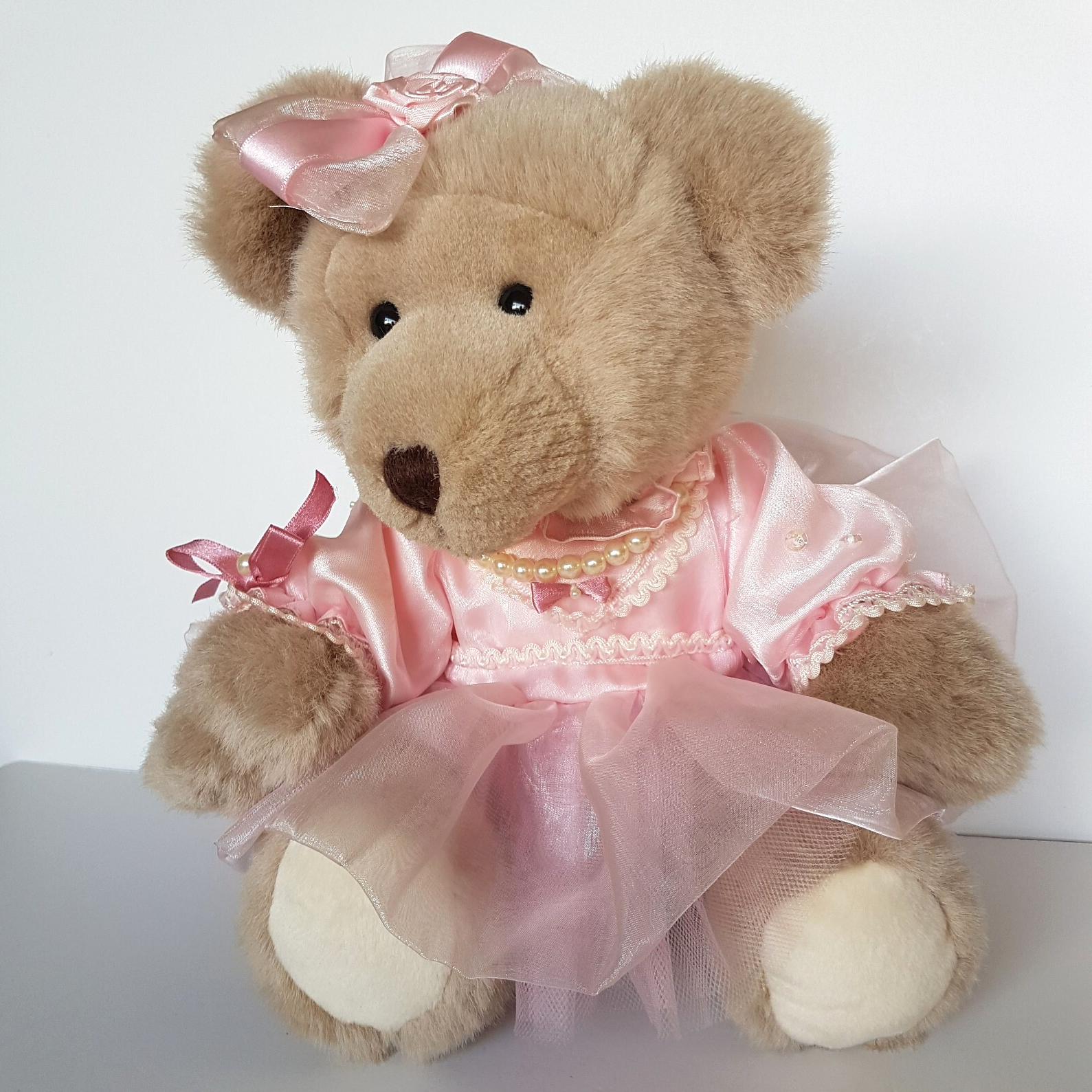 Pretty Dressed TEDDY BEAR Pink Organza Rose Pearl Tulle Stuffed Animal Soft Toy3