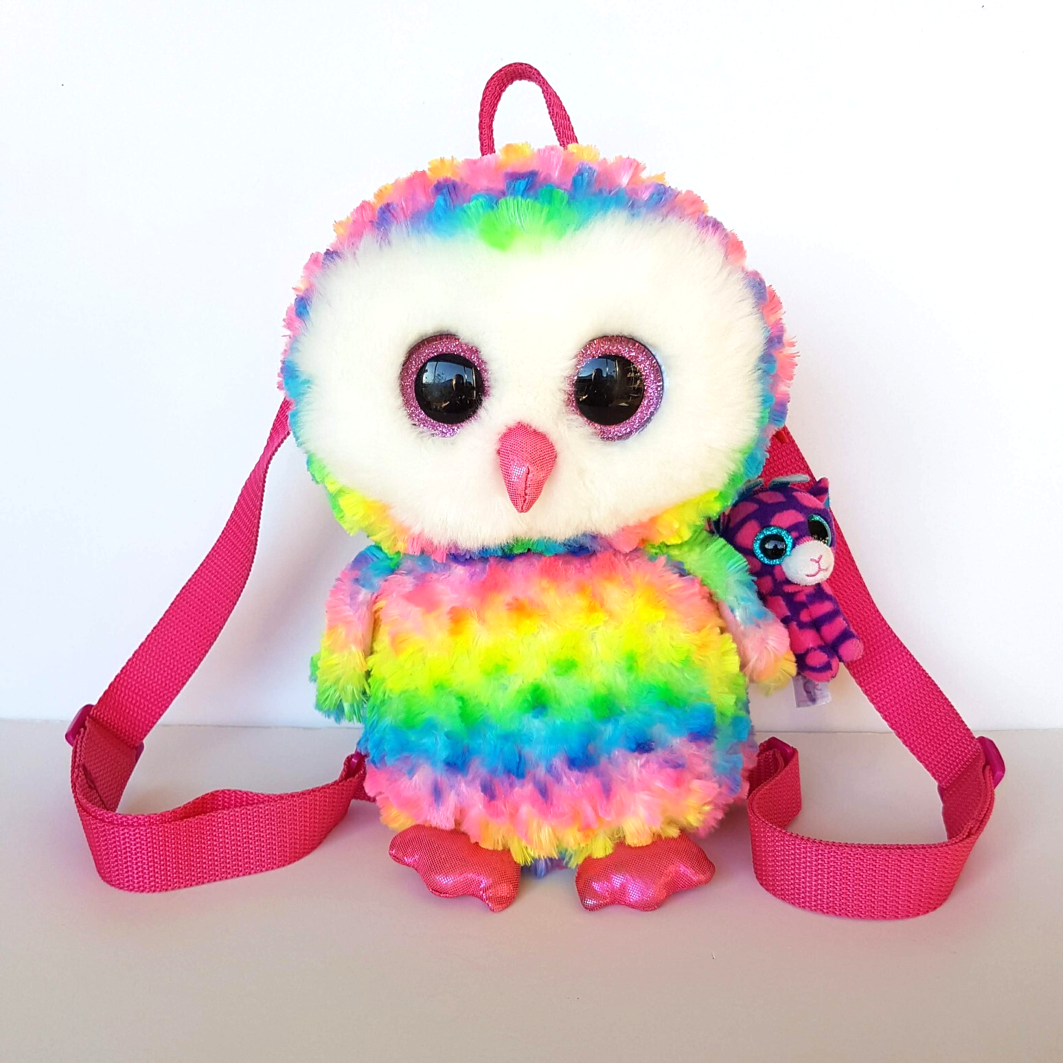 TY OWEN THE OWL Kids Backpack Plush + Charm Stuffed Animal Soft Toy Bag Rainbow0